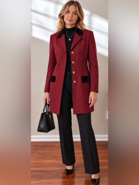 Chaus Jackets & Blazers - Vintage CHAUS Burgundy Herringbone Blazer Jacket with Black Velvet Accents